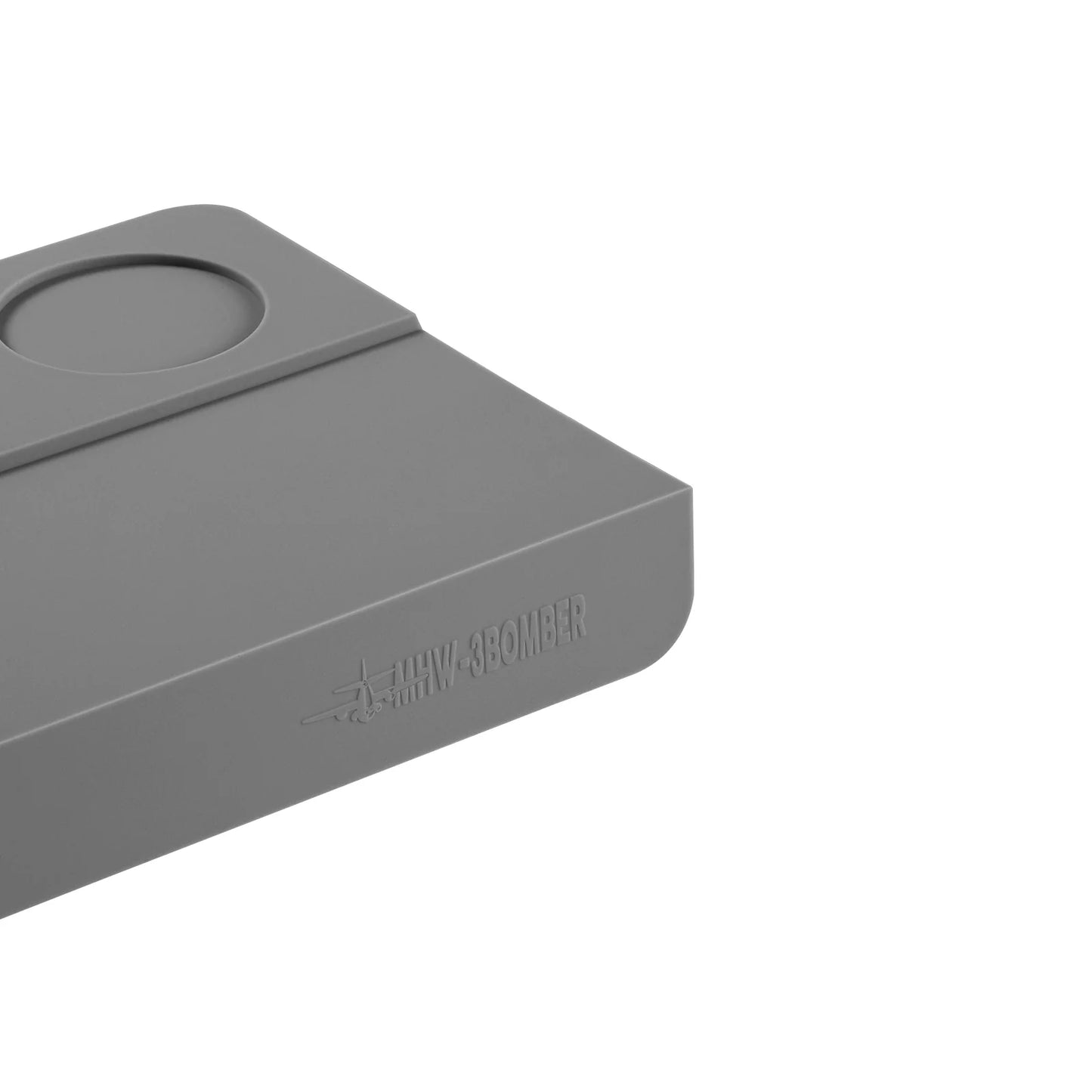 MHW-3BOMBER gray silicone coffee tamper mat with two holes. Food-grade, durable, and easy to clean design.