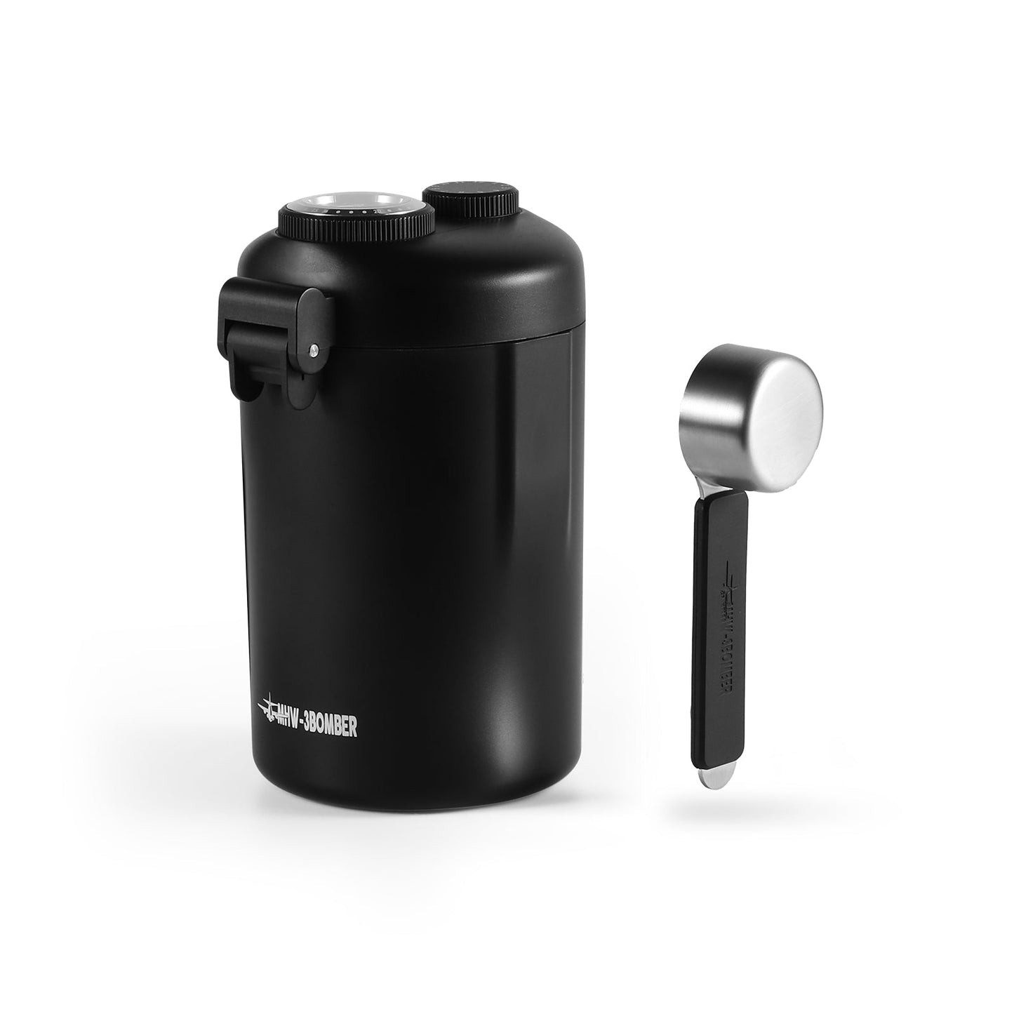 MHW-3BOMBER black coffee canister with measuring spoon. Sealed container to keep beans fresh. 