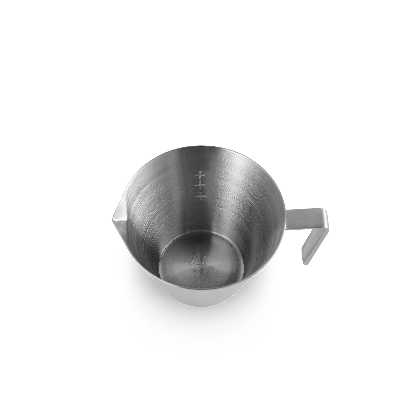The MHW-3BOMBER Stainless Steel Measuring Cup, designed for precise coffee brewing, features a spout and handle. Its shiny surface reflects light from above and includes inside measurement marks for accuracy.