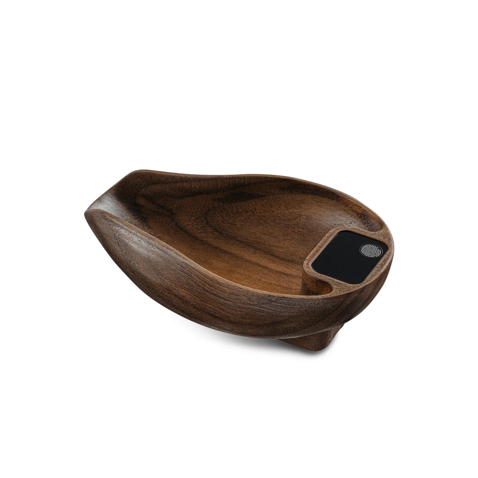 The MHW-3BOMBER Ovo Coffee Scale & Spray Bottle Set includes a wooden valet tray with a sleek, curved design that complements your espresso scale. It features a dark wood finish and has a small black leather section embossed with a pattern for added elegance to brewing essentials.