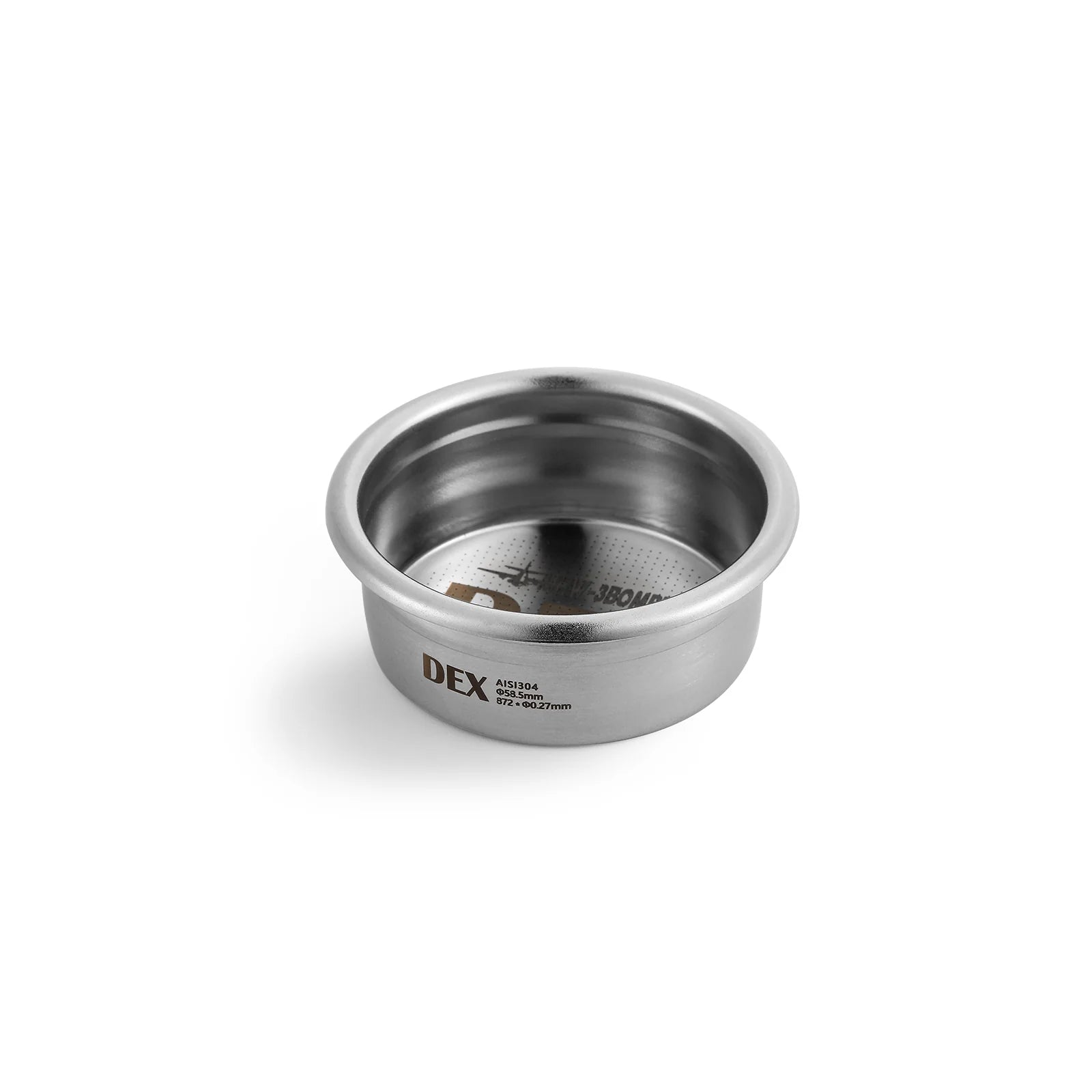 DEX 58mm filter basket for espresso. Stainless steel, featuring laser-etched logo and precision holes for better extraction.