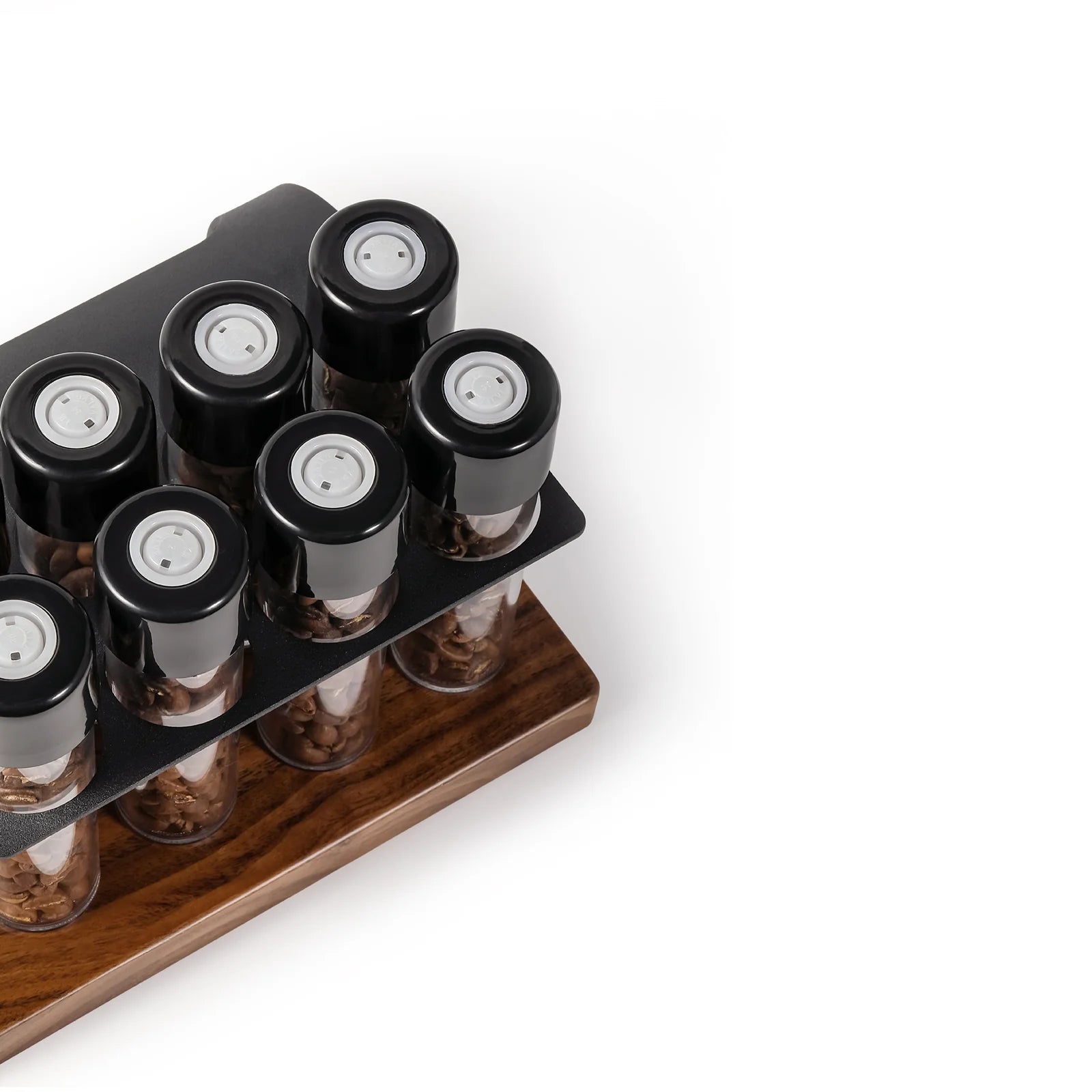 MHW-3BOMBER coffee tubes set. Glass tubes, black lids, wood rack. Airtight storage for beans. 