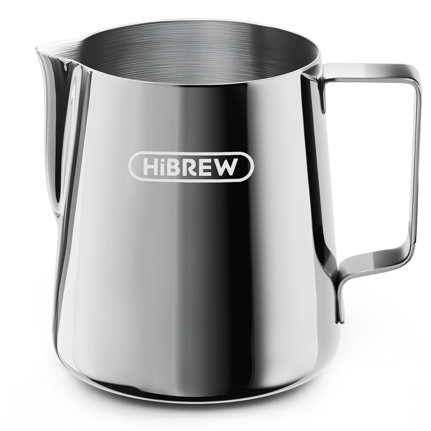 HiBREW 350ml stainless steel milk pitcher with handle. Perfect for frothing milk for coffee drinks.