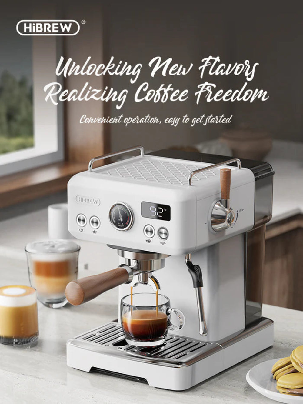A HiBREW H10 Plus Espresso Coffee Machine in white brews coffee into a glass cup on the counter, alongside two frothy drinks. Text reads, Unlocking New Flavors, Realizing Coffee Freedom. Enhance your drink with temperature adjustment as natural light fills the room.