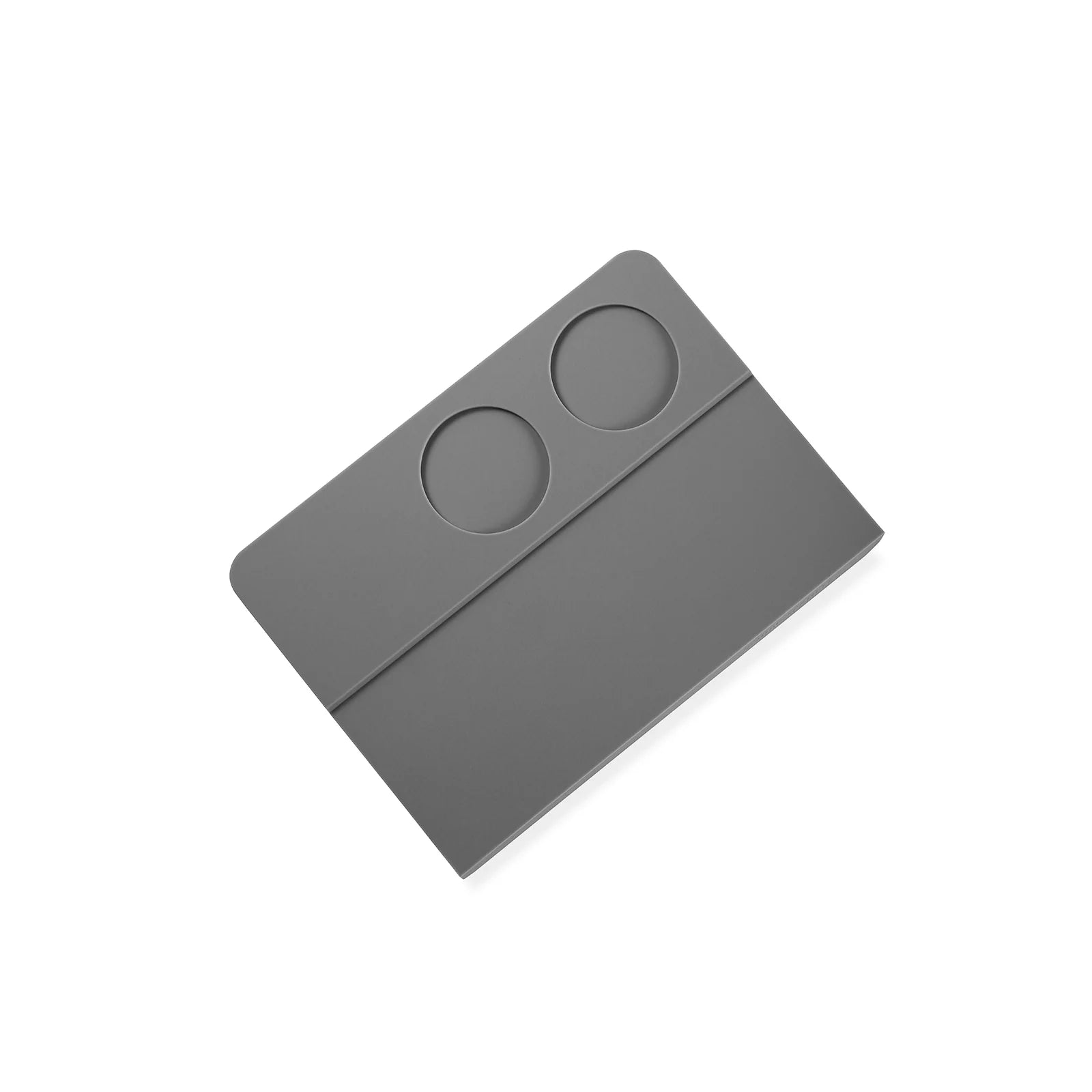MHW-3BOMBER gray silicone tamper mat with two holes for coffee tamping. 