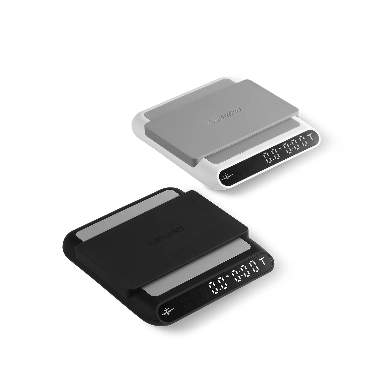 MHW-3BOMBER smart espresso scale in black and white. Digital display shows weight and timer.