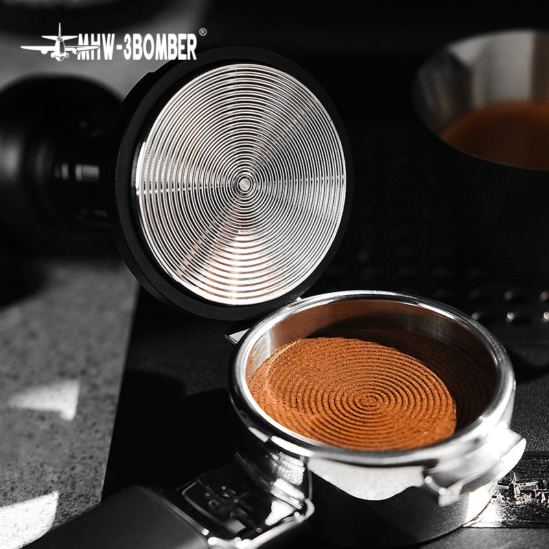 MHW-3BOMBER 58mm espresso tamper with spiral design in portafilter. Force Impact Espresso Tamper. 