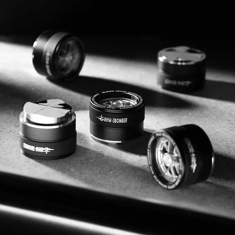 MHW-3BOMBER black coffee distributor. Round, adjustable base. Racing wheel hub design. Leveler tool.
