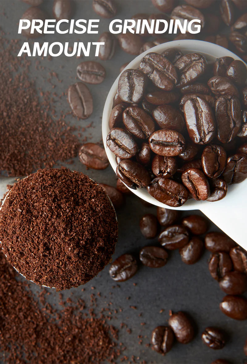 A white measuring cup brimming with dark roasted coffee beans sits next to a spoonful of finely ground coffee on a dark surface, surrounded by scattered beans. Experience the precision of the Fix Coffee HiBREW G3 40mm Conical Burr Electric Grinder. Text reads Precise Grinding Amount.