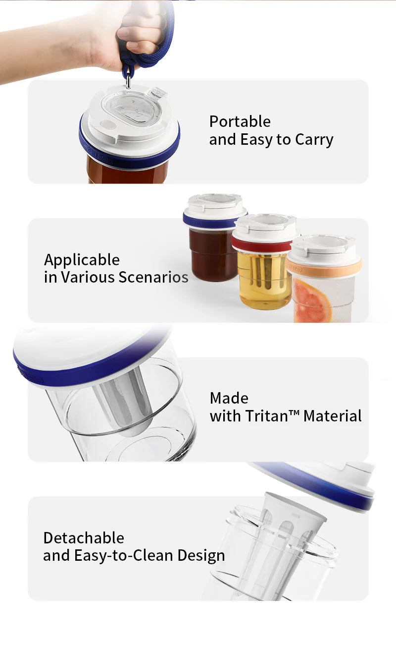 MHW-3BOMBER cold brew cup features, colors, detachable filter, & Tritan material. Portable, leakproof design. 