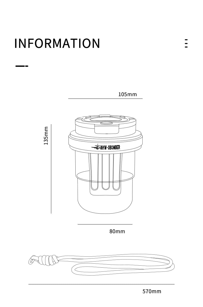 MHW-3BOMBER Ice Cool Cold Brew Cup dimensions diagram. Transparent body with strap, 530ml capacity. 