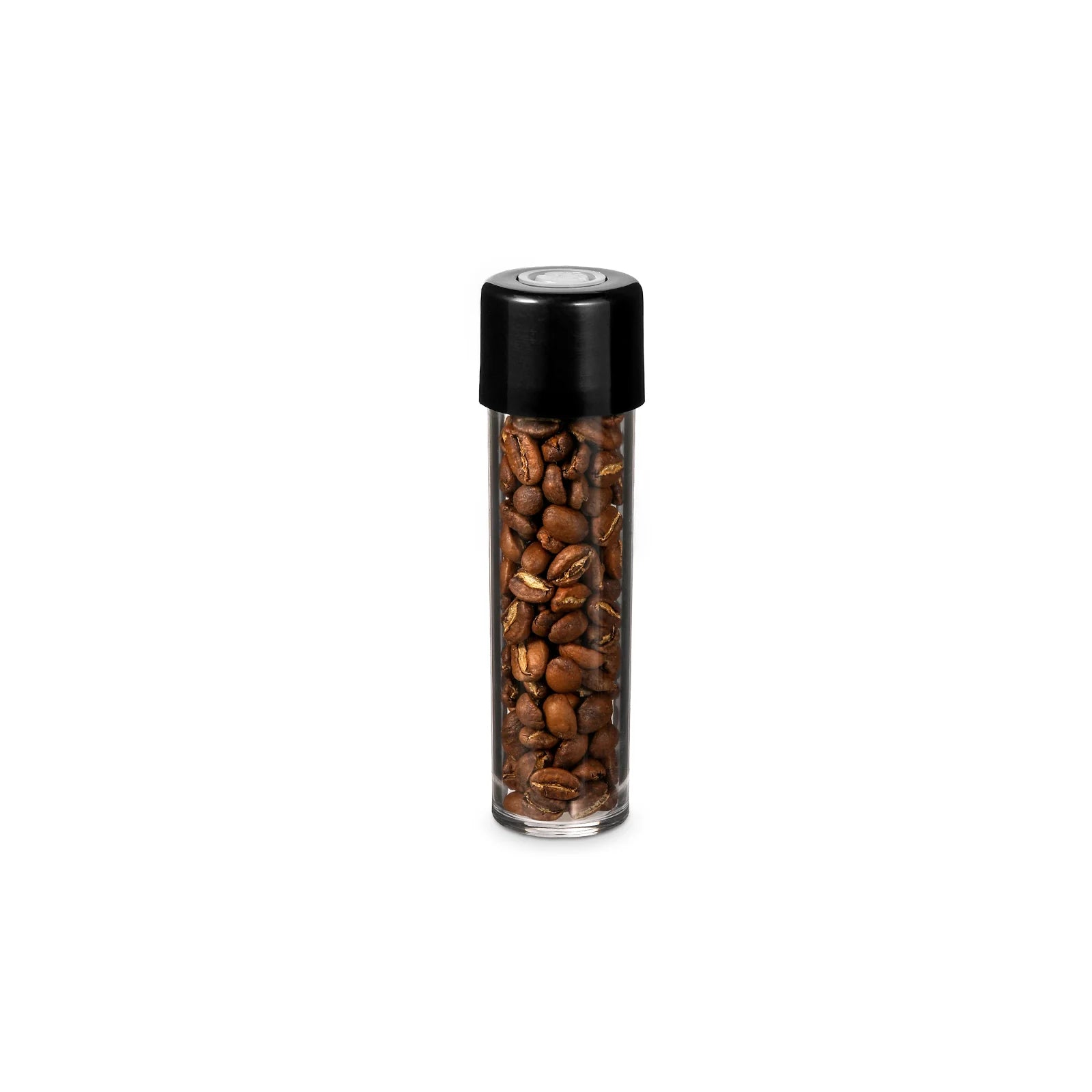 MHW-3BOMBER Coffee Energy Tube filled with brown coffee beans. Clear tube, black lid.