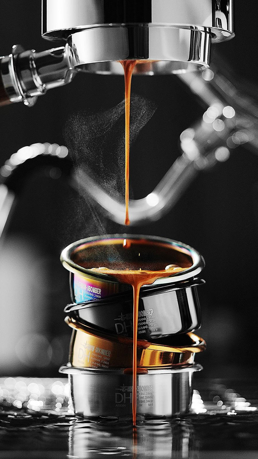 MHW-3BOMBER DH Filter Basket stack, espresso pouring. 58mm basket for dark roasts. 