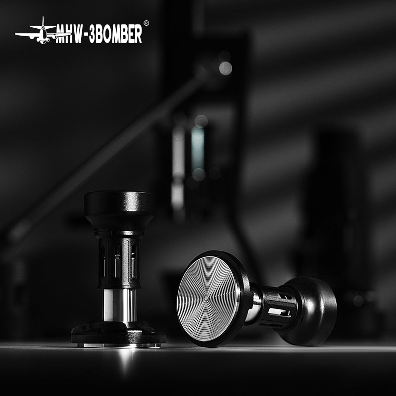 MHW-3BOMBER 58mm espresso tamper. Black and silver finish. Force impact design.
