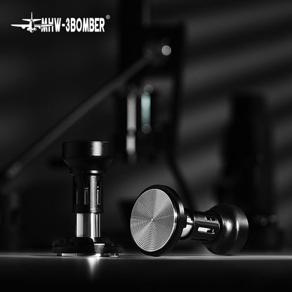 MHW-3BOMBER 58mm espresso tamper. Black and silver finish. Force impact design.