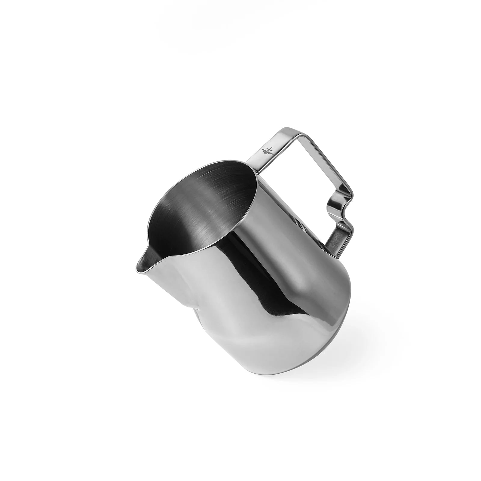 Master latte art with the MHW-3BOMBER Turbo Milk Pitcher Glossy. Featuring a precision spout and ergonomic handle, it is essential for creating silky smooth foam and stunning designs, elegantly showcased at an angle.