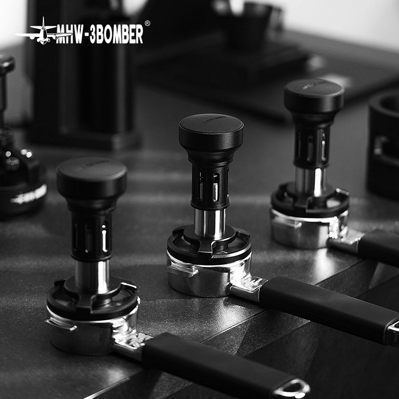 MHW-3BOMBER YU Series 58mm espresso tamper. Black and silver finish, force impact design. Espresso tool.