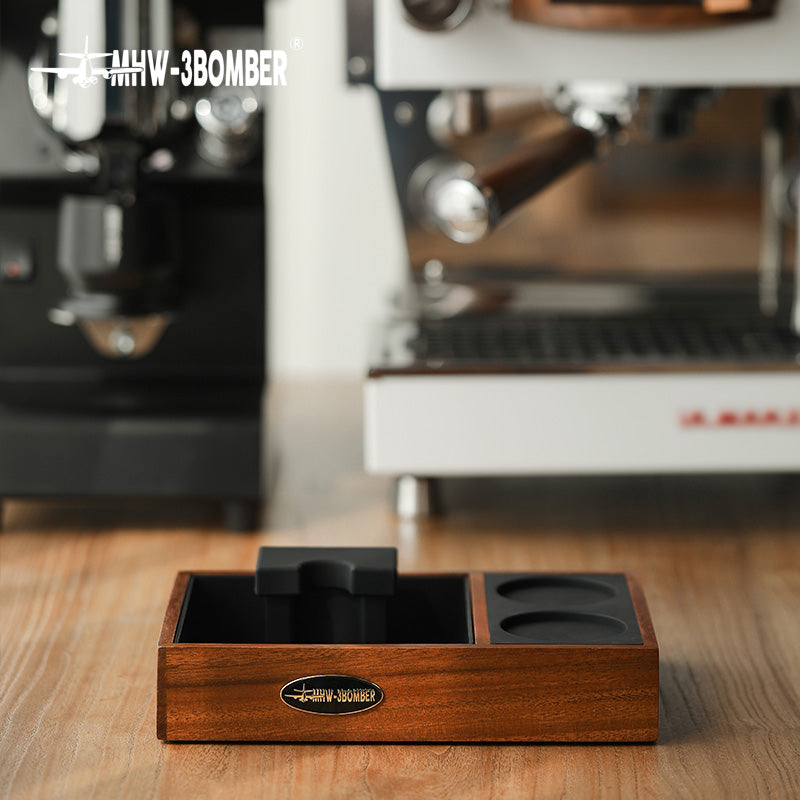 MHW-3BOMBER espresso tamping station, coffee portafilter holder, wooden box, black silicone insert. Coffee setup.