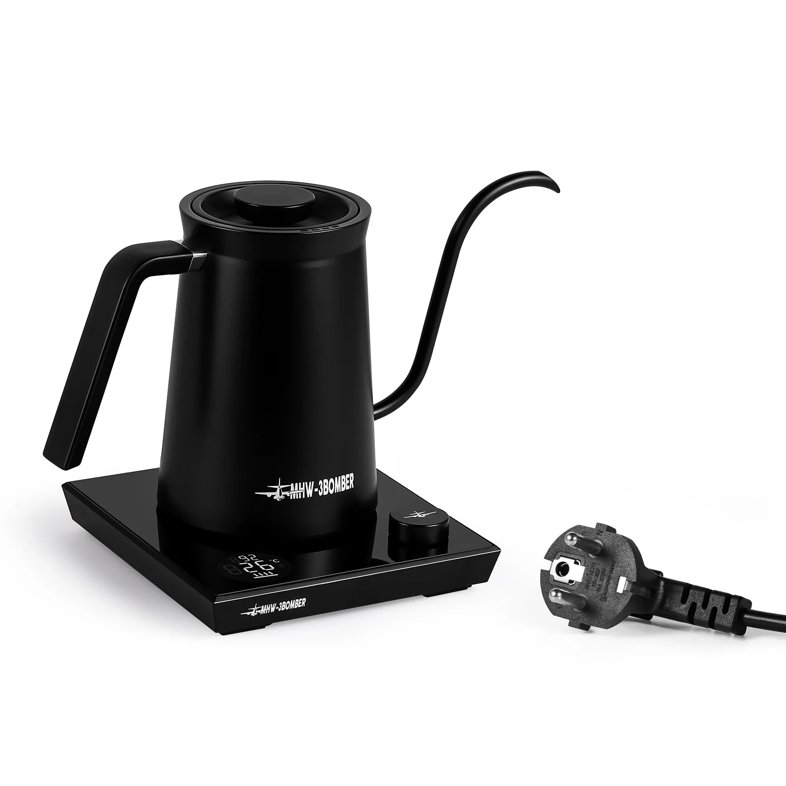 MHW-3BOMBER Assassin electric gooseneck kettle. Black, with base and power cord. Precision pour, adjustable temperature.