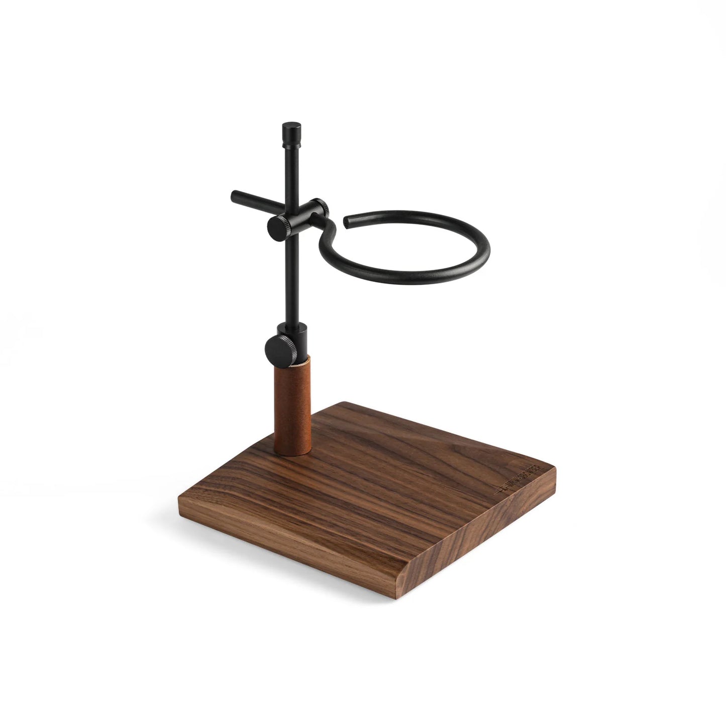 MHW-3BOMBER coffee dripper stand, black metal, walnut base, adjustable height.