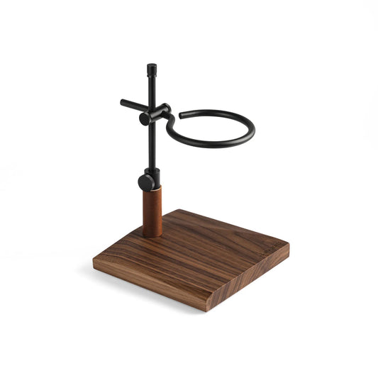 MHW-3BOMBER coffee dripper stand, black metal, walnut base, adjustable height.
