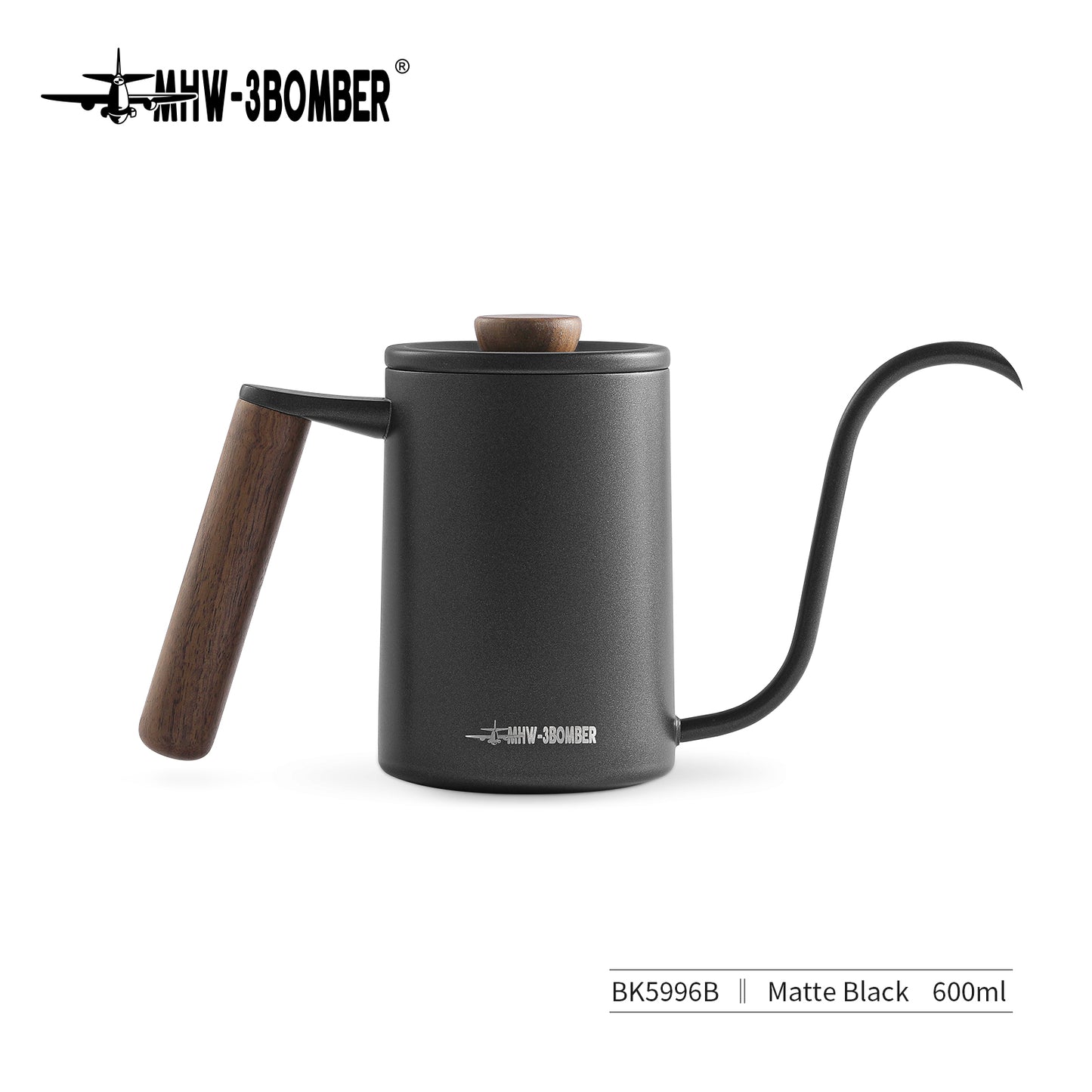 The matte black MHW-3BOMBER Planet Hand Brewing Kettle, model BK5996B, is a 600ml gooseneck kettle with a wooden handle and lid, ideal for drip coffee enthusiasts.