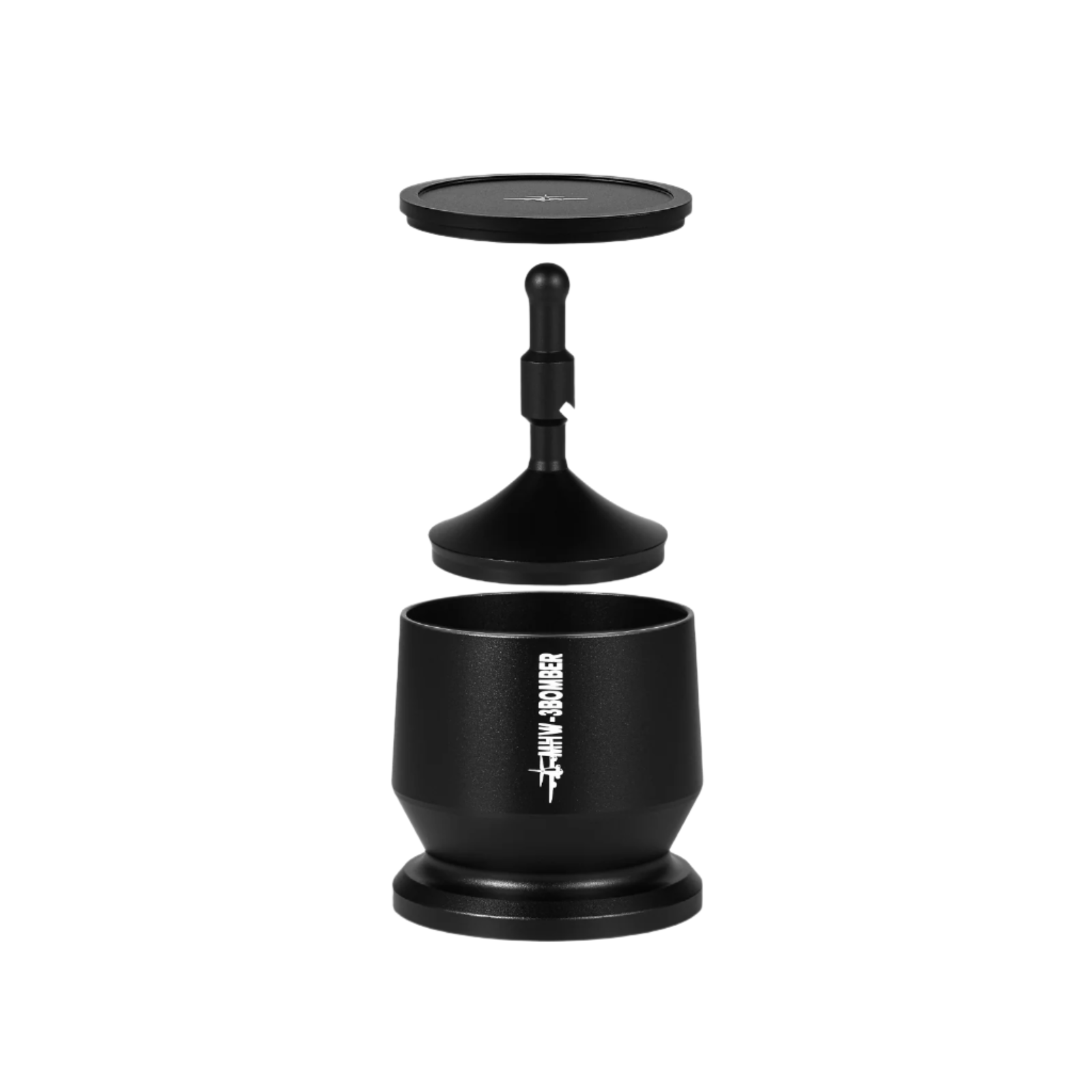 The exploded view of the MHW-3BOMBER Espresso Coffee Powder Dosing Funnel displays its components—base with logo, central stem, and circular top with cross lines—perfect for home enthusiasts and baristas. These parts are meticulously aligned vertically against a pristine white background.