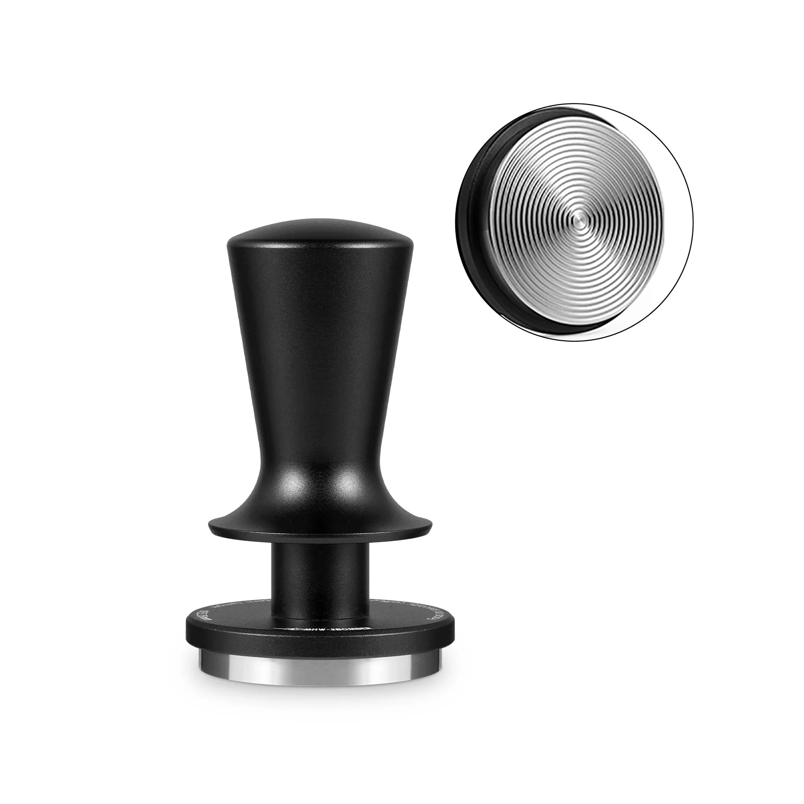 MHW-3BOMBER coffee tamper, black handle, silver ripple base. Dual spring structure.