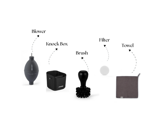 Daily Cleaning Essentials Kit: Blower, knock box, brush, filter, towel. Barista cleaning tools. 