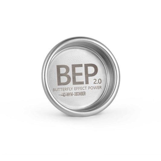 The MHW-3BOMBER BEP Butterfly Coffee Filter Basket 2.0, with BEP 2.0 BUTTERFLY EFFECT POWER and YYW-380BOMBER text, resembles a silver yo-yo from above with its sleek design similar to a stainless steel espresso filter basket.
