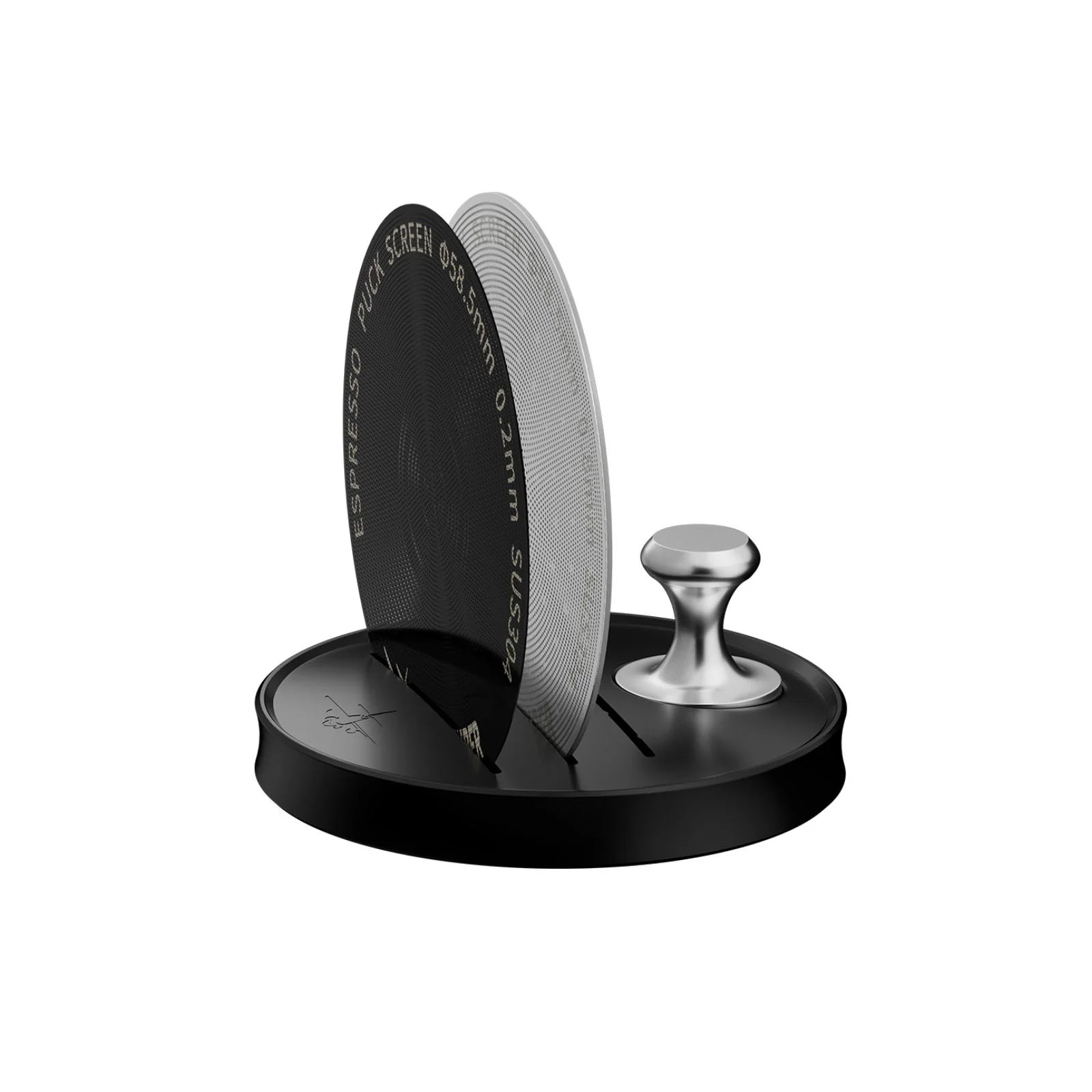 The MHW-3BOMBER Espresso Puck Screen Stand 51-58mm is a round, black coffee accessory with a silver handle and magnetic design. It features two vertical slots for circular components, including a espresso puck screen disk thats 0.2mm thick and 58.5mm in size, offering convenient organization.