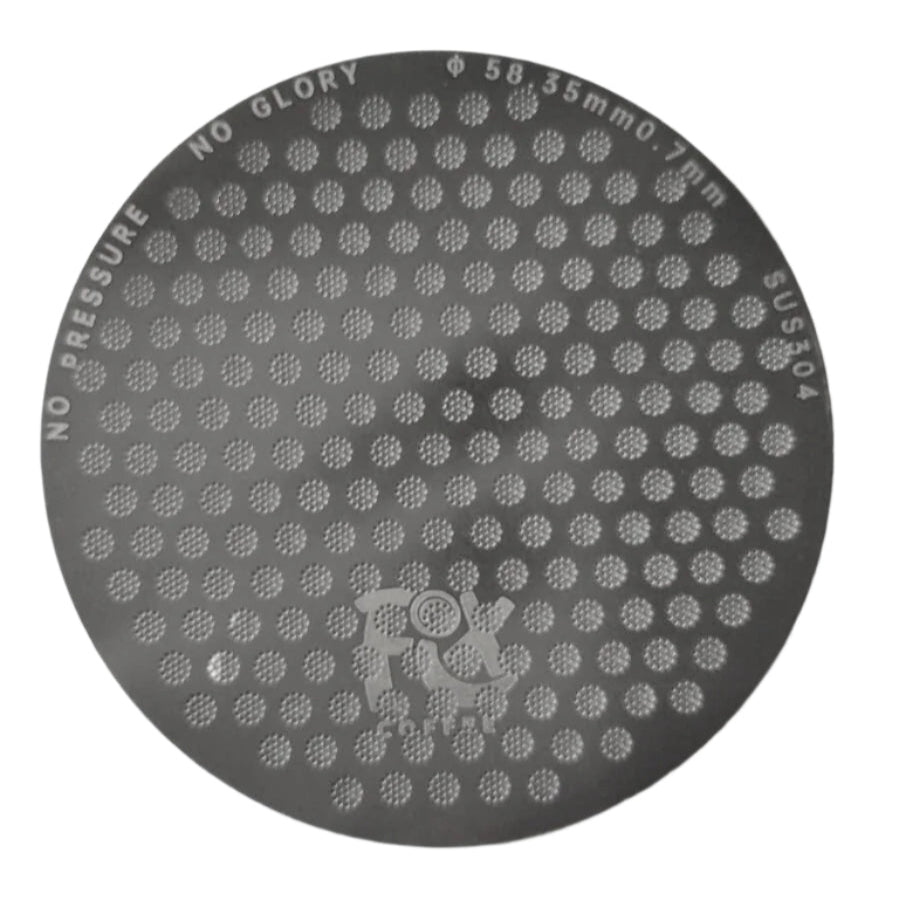 Fix Coffee 58mm titanium plated espresso puck screen. Round, gray metal with perforation and logo.
