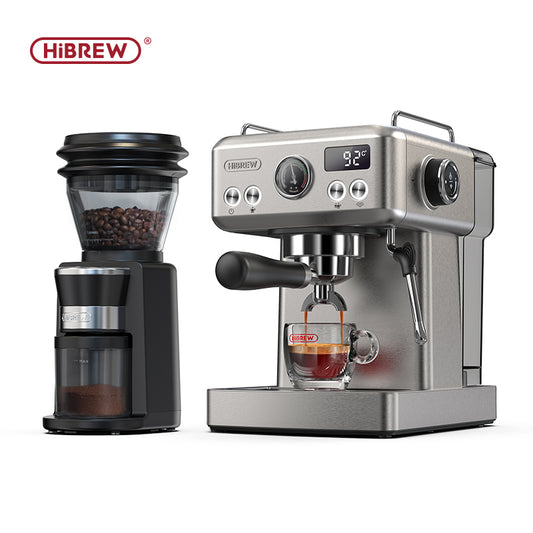 HiBREW H10A espresso machine (silver) with G3 grinder (black). Coffee being brewed. 