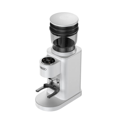HiBREW G7 espresso coffee grinder, white, with bean hopper and portafilter holder. 