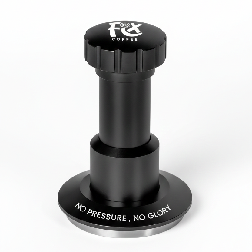 Black coffee tamp with 'No Pressure, No Glory' text on a white background