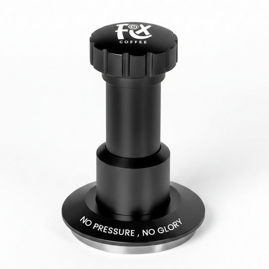 Black coffee tamp with 'No Pressure, No Glory' text on a white background