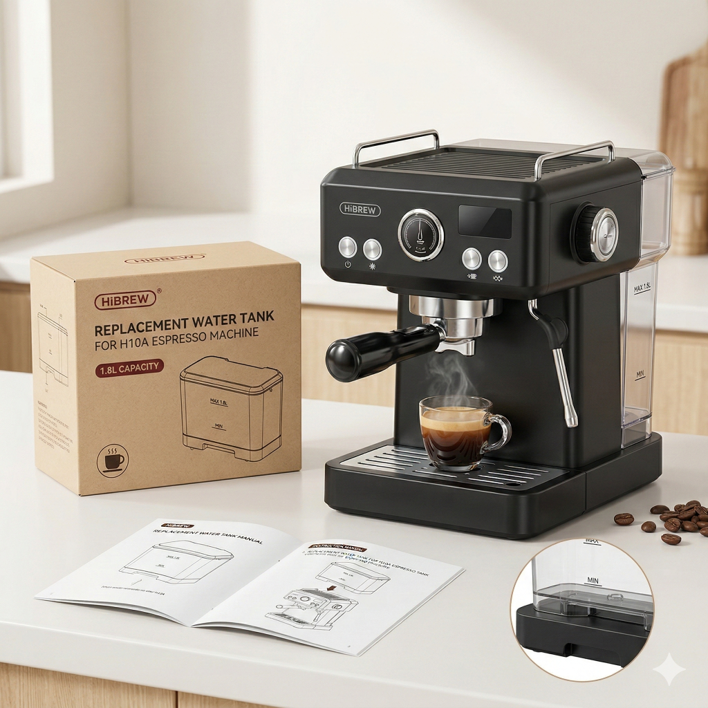 Black espresso machine with a steaming cup of coffee, replacement water tank box, and user manual on a countertop.