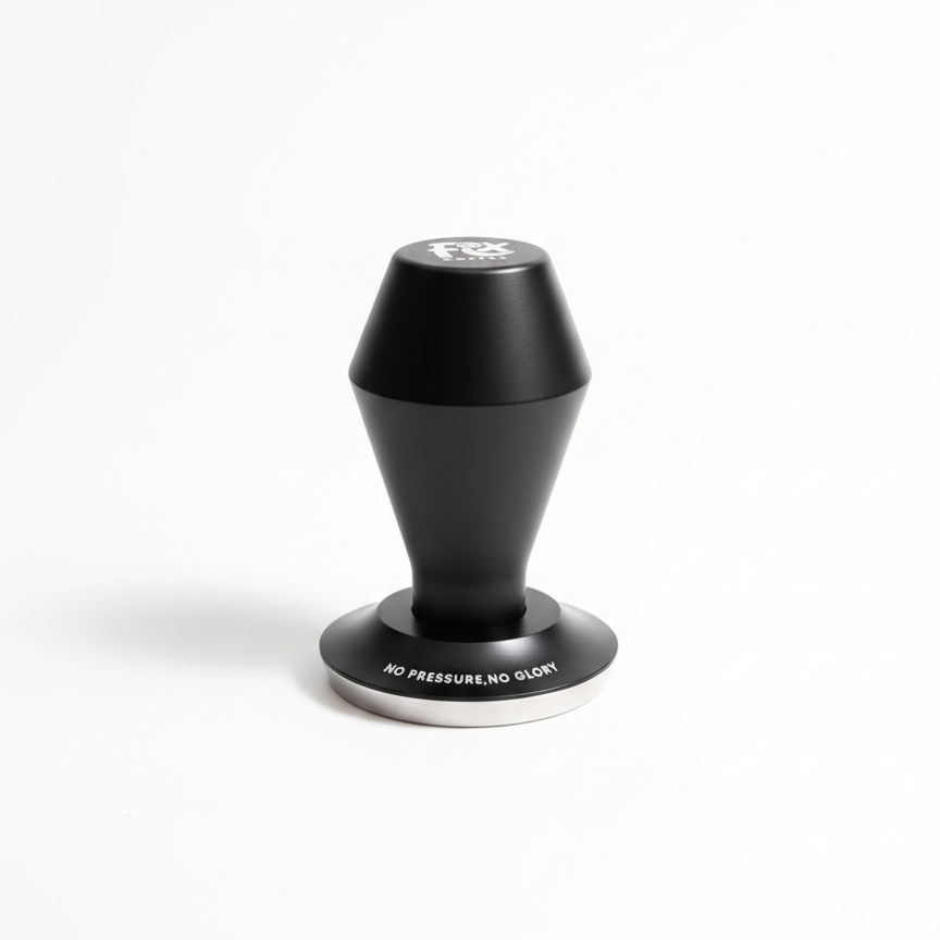 Black coffee tamper with 'No Pressure No Glory' text on a white background