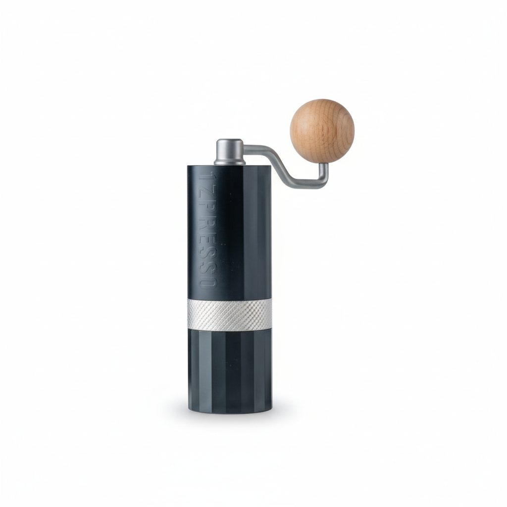 Black coffee grinder with wooden handle on a white background