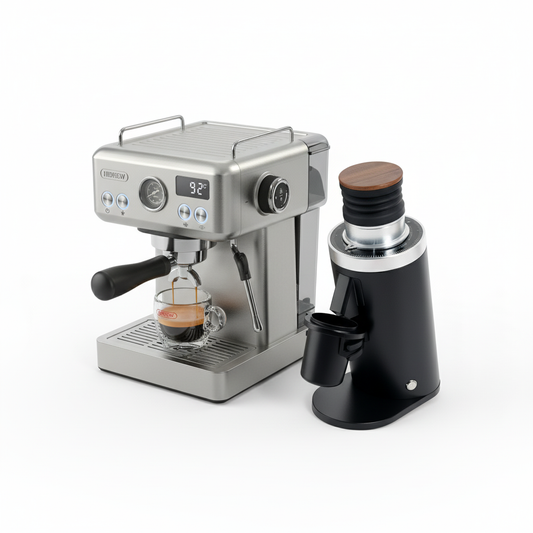 Espresso machine with a glass of coffee and a black container on a white background
