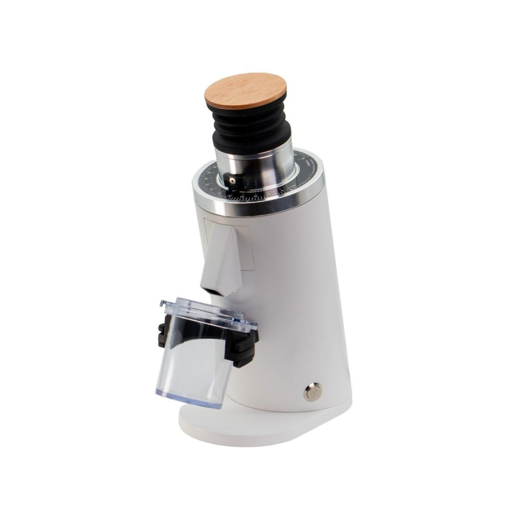 The HiBREW H10A with DF54 Grinder by Fix Coffee is a stylish white grinder with a wooden lid and clear container for grounds. It features an adjustable grind size dial and a compact, upright design, perfect for coffee enthusiasts valuing precision and elegance.