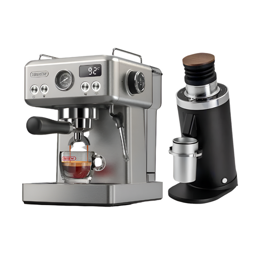 HiBREW H10A espresso machine and DF64 Gen 2 grinder bundle, featuring precise temperature control and stainless steel burrs.