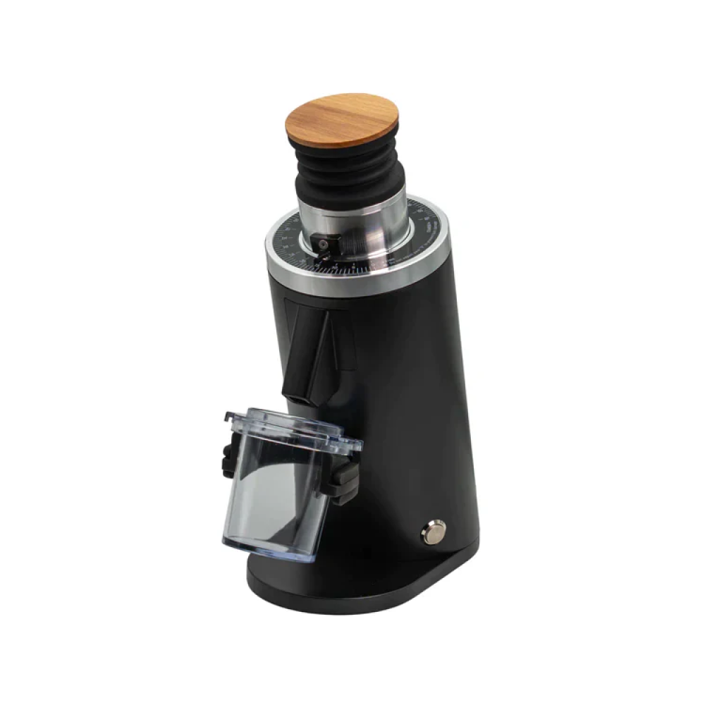The HiBREW H10A with DF54 Grinder by Fix Coffee boasts a sleek black finish with a transparent container. Featuring a silver and black design topped with a wooden lid, it’s perfect for coffee enthusiasts. Its modern look is complemented by a small side on/off button, fusing style and function.