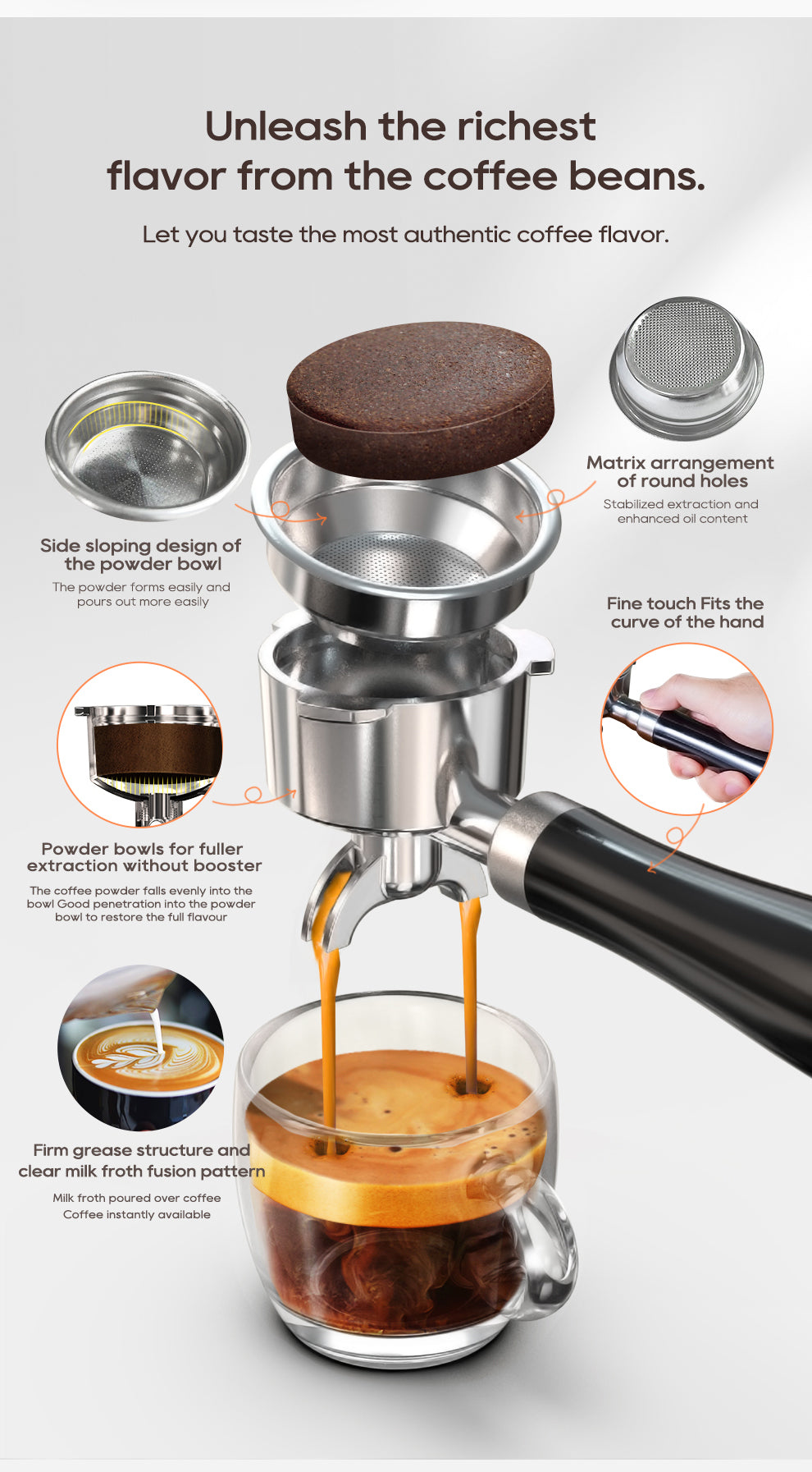 Experience café-quality flavor with the HiBREW H10A Espresso Coffee Machine. It features a user-friendly design, side-sloping matrix arrangement, filtration powder bowls, fine-touch fit, and firm grease structure for optimal coffee extraction.