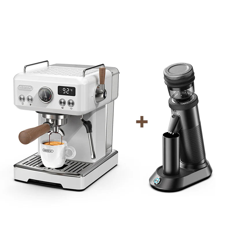 The HiBREW H10 Plus, a silver espresso machine with a touch screen, cup, and wooden handles, is displayed alongside the HiBREW G5 Grinder in black. Both boast sleek, modern designs against a plain white backdrop.