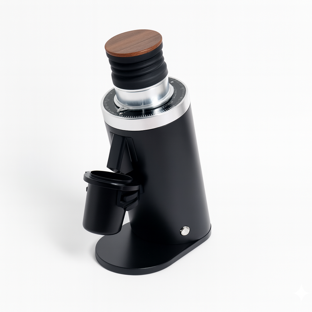 Black coffee grinder with wooden top on a white background
