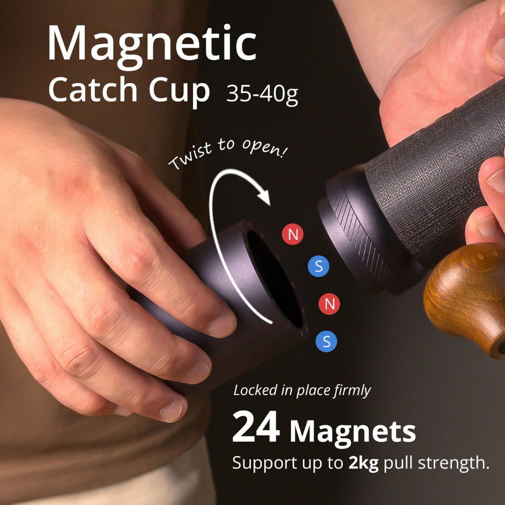 1Zpresso J-Ultra magnetic catch cup being twisted open, revealing the magnets. Capacity: 35-40g. 