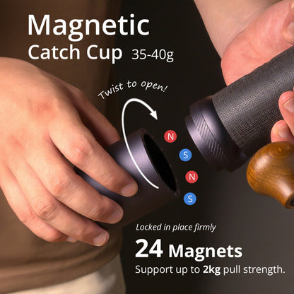 1Zpresso J-Ultra magnetic catch cup being twisted open, revealing the magnets. Capacity: 35-40g. 