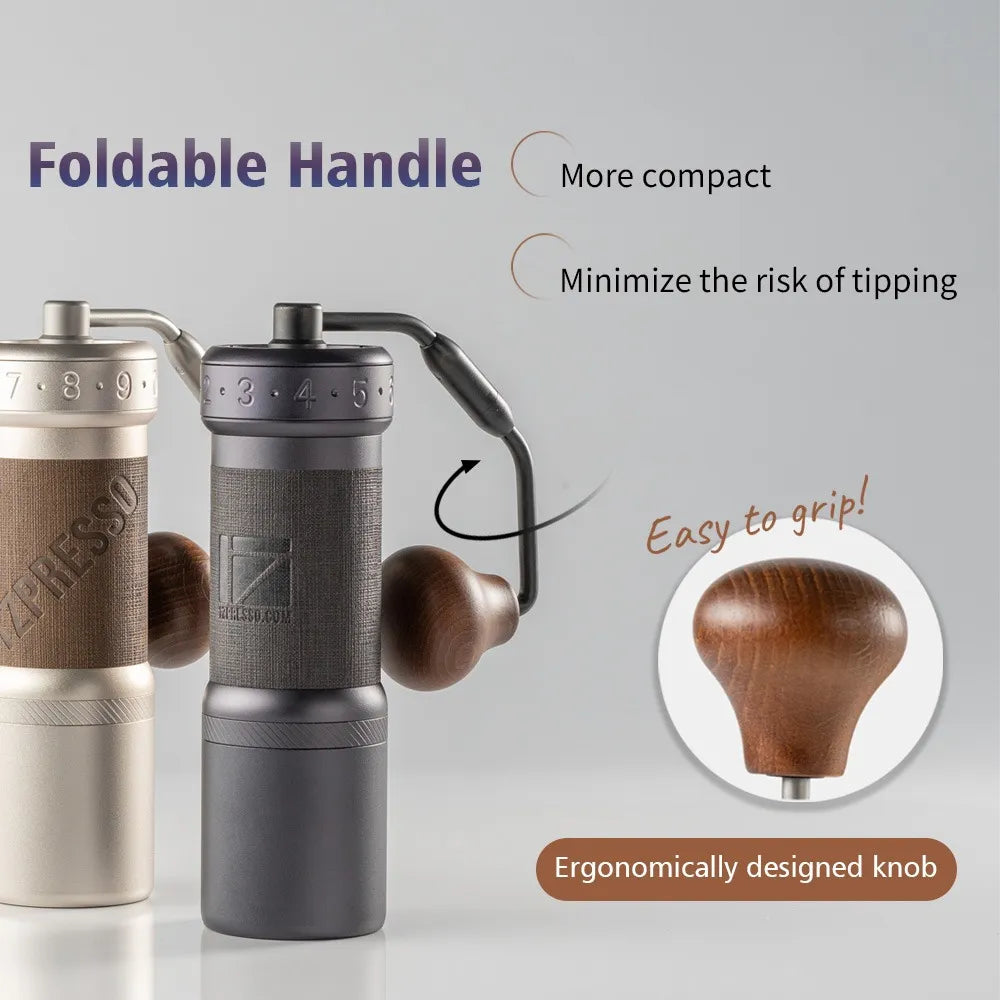 1Zpresso K-Ultra grinder showing foldable handle, ergonomic knob, in gray and silver. 