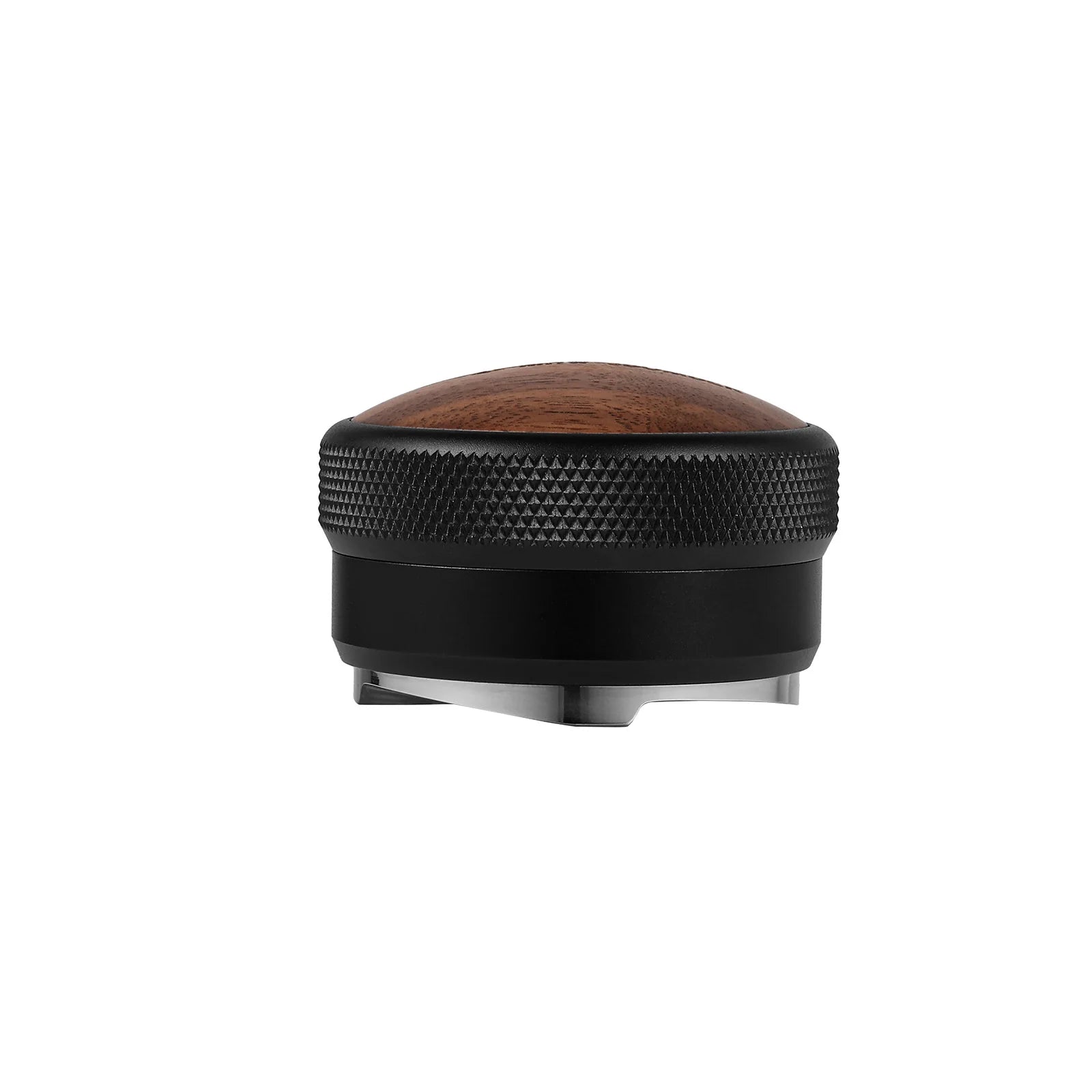 MHW-3BOMBER coffee distributor with a brown wood lid, textured black grip and stainless steel base. 